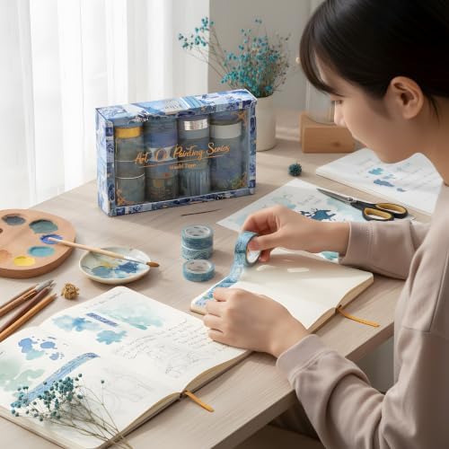 Washi Tape Set, 24 Rolls Vintage Washi Stickers, Assorted Sizes, for Junk Journal Scrapbook Tape, Bullet Journaling Scrapbooking Supplies, Planner Sticker DIY Craft DéCor (Blue)