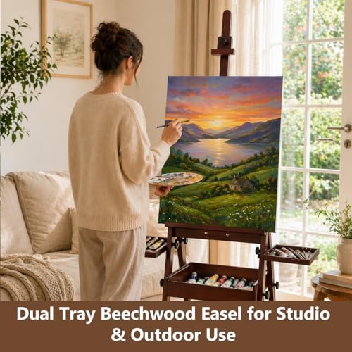 Wooden H-Frame Studio Easel with Storage Drawer and Palettes, Walnut | Solid Beechwood Painting Easel for Students, Beginners, and Artists, Hold Canvas to 36Inches High