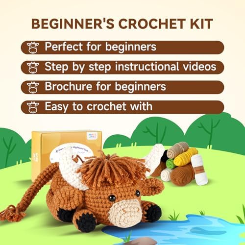 MOREJMTT Crochet kit for Beginners Adults, Learn to Crochet, Include Easy Knitting Soft Yarn, Step-by-Step Video Tutorial, Hook, Holiday Birthday Gift (Highland Cow)