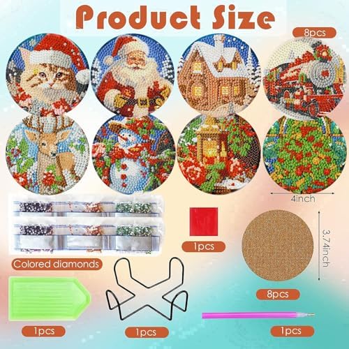 8 Pcs Christmas Diamond Painting Coasters Kits 4X4in (Cork Wooden Pad)