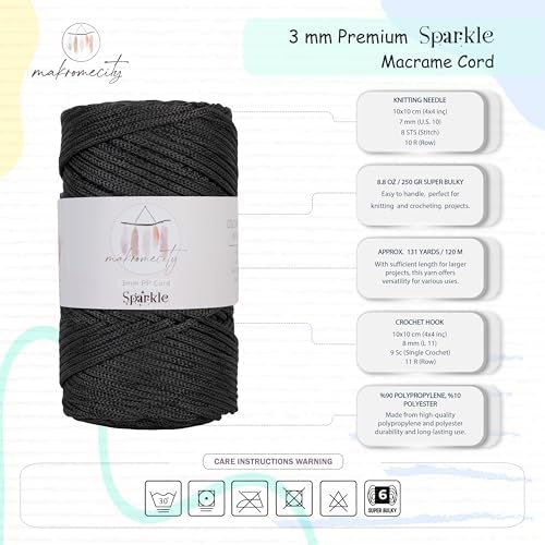 Makromecity Sparkle Polypropylene Macrame Cord 3mm x 131 Yards (394 feet) Premium Polyester Macrame Cord for Macrame Art & Crafts for Wall Hangings, Bags, Underplate, Rug