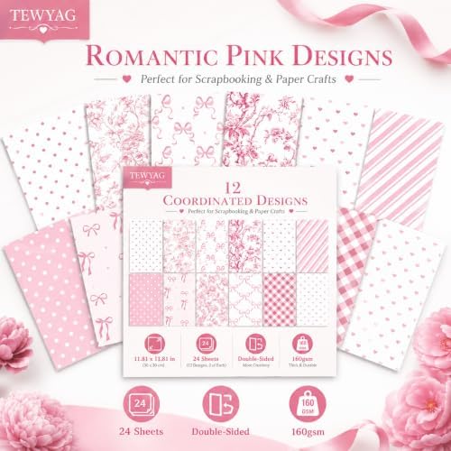 Pink Scrapbook Paper Double Sided 12x12 Coquette Bows Floral 24 Sheets