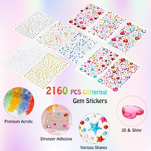 2168pcs Gem Stickers Rhinestones for Crafts, Sparkling Cute Star Heart Round Small Stickers for Women Adults, Glitter Jewels Stickers for Face Eye Body Makeup, DIY Decoration, WUINOID