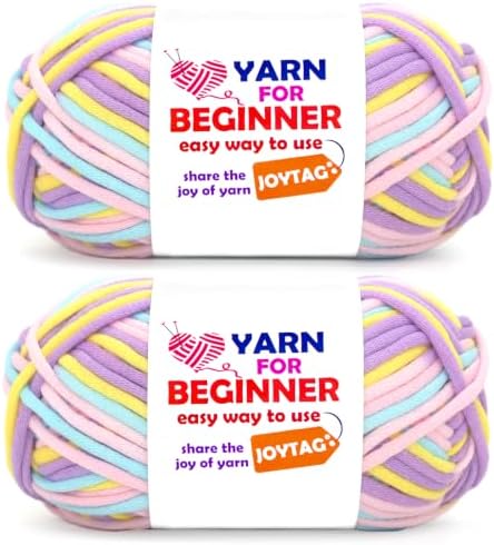 2 * 50g Rainbow Beginner Crochet Yarn for Crocheting and Knitting Multicolor Cotton Crochet Yarn for Beginners with Easy-to-See Stitches Easy Yarn for Beginners(Yellow Pink Purple Blue 02)
