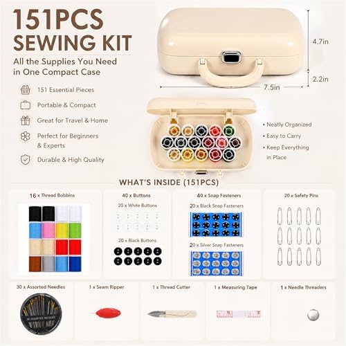 FKOG Sewing Project Kit, 151 Pcs Family Sewing Supplies Repair Organizer with Portable Retro Hard-Shell Case, 16 Multicolor Thread Spools, Needles, Buttons, and Accessories (Creamy White)