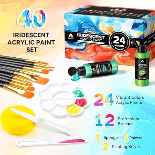 40 Pcs Iridescent Acrylic Paint Set, 24 Colors with 12 Brushes (2oz/60ml)