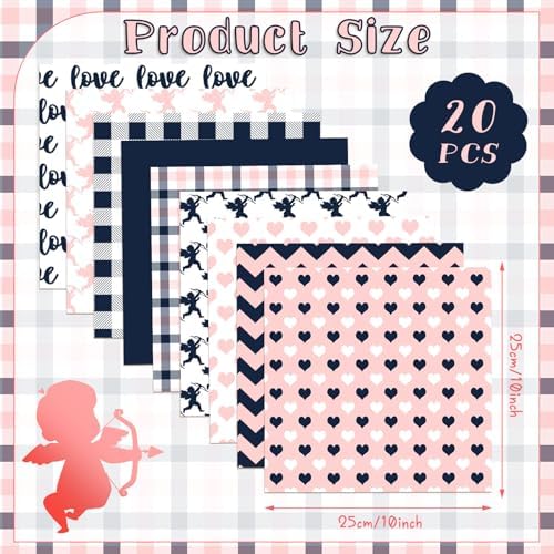 HunnmingRe 20 Pcs 10''x10'' Valentines Pink Quilting Fabric Square Bundle Love Heart Precuts Quiltted Fabric Plaid Polka Dot Printed Patchwork Supplies for DIY Material Sewing Craft Strips