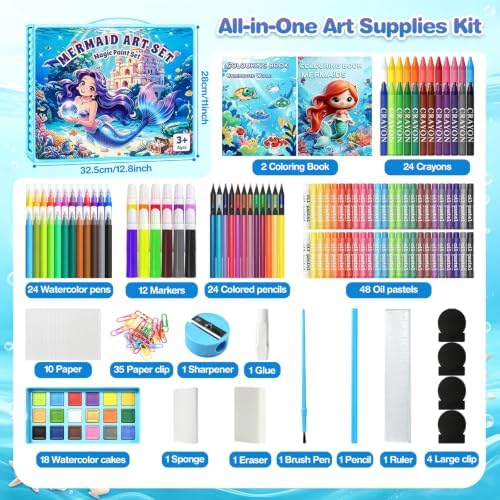 homicozy Mermaid Drawing Kit 208Pcs Art Set Gift for Girls Kids Age 4-12