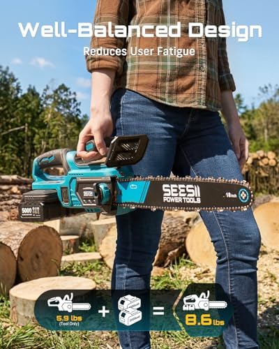 SEESII 40V 18-Inch Electric Chainsaw Cordless with 2 x 5.0Ah Batteries | 2200W Brushless Battery Powered Chain Saw with 2 ×Chargers, Tool-free Tension, Auto-Oiling for Tree Felling and Wood Cutting