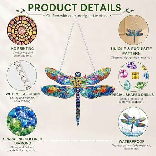 HMZephitiquc Dragonfly Hanging Diamond Art Kits for Adults, Special Shaped Crystal Diamond Painting Suncatchers, 5D Gem Art, Sun Catchers DIY Craft Kits for Gift Home Decor