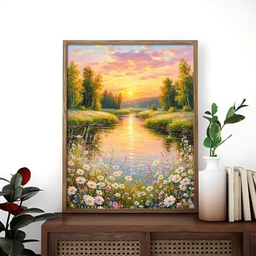 Alptiny Paint by Numbers Kit for Adults, Riverside Sunset Landscape Paint by Number Kit on Canvas, Countryside River & Wildflowers Oil Painting for Gift, Home Wall Decor 16x20 Inch