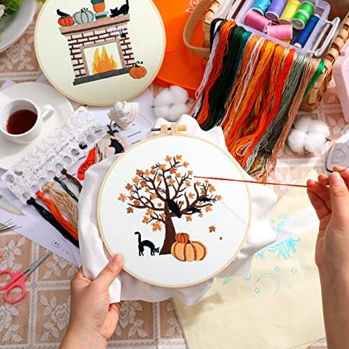 Yuxung 5 Sets Embroidery Kit for Beginners Adult Fall Thanksgiving Embroidery with Pumpkin Maple Leaf Pattern DIY Starter Needlepoint Kit with Embroidery Hoop Thread Needle for Halloween Craft Lover
