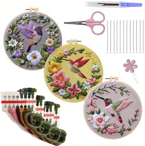 LB 3 Pack Hummingbird Flower Embroidery Kit for Beginners Funny Simple Beginner Embroidery Kit for Adults DIY Starter Kit with Embroidery Hoop Colorful Threads Tools Step by Step Instructions