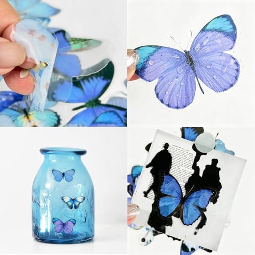 40Pcs Vintage Stickers,Waterproof Transparent PET Aesthetic Decorative Sticker Scrapbooking Supplies for Adult Card Making Letters Planner Junk Journal Water Bottles Art Craft.Blue Butterfly