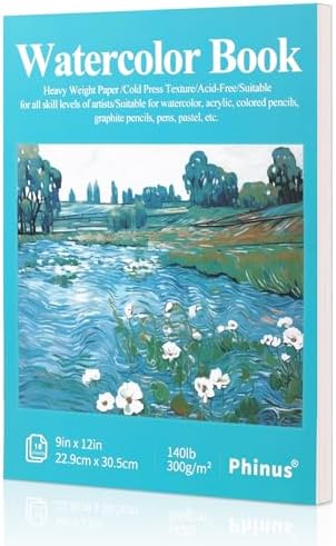 Phinus 18 Sheets Watercolor Paper 9x12 Inch, Cold Press Watercolor Sketchbook (140lb/300gsm), Tape Bound Watercolor Paper Pad for Adults Kids, Mixed Media, Markers and Art Journaling