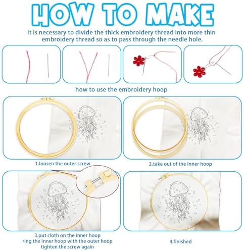 ACRNIGHEET 6PCS Embroidery Kit for Adults Beginners, Sea Animals Embroidery Starter Kit, Stamped Cross Stitch Kits for Crafts Lovers Gift Idea, Include Instructions 6 Stamped Embroidery Cloth 2 Hoop