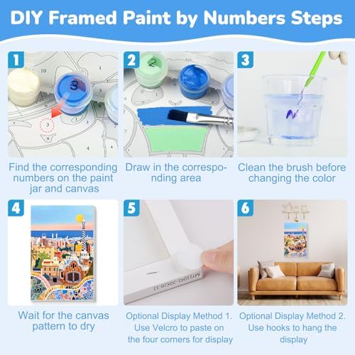 KEYIFA Paint by Numbers for Adults on Framed Canvas - with Wooden Easel, Park Güell Painting by Number Kit for Beginners, DIY Barcelona Acrylic Paint-by-Number Kits for Home Wall Decor (8x12 inch)
