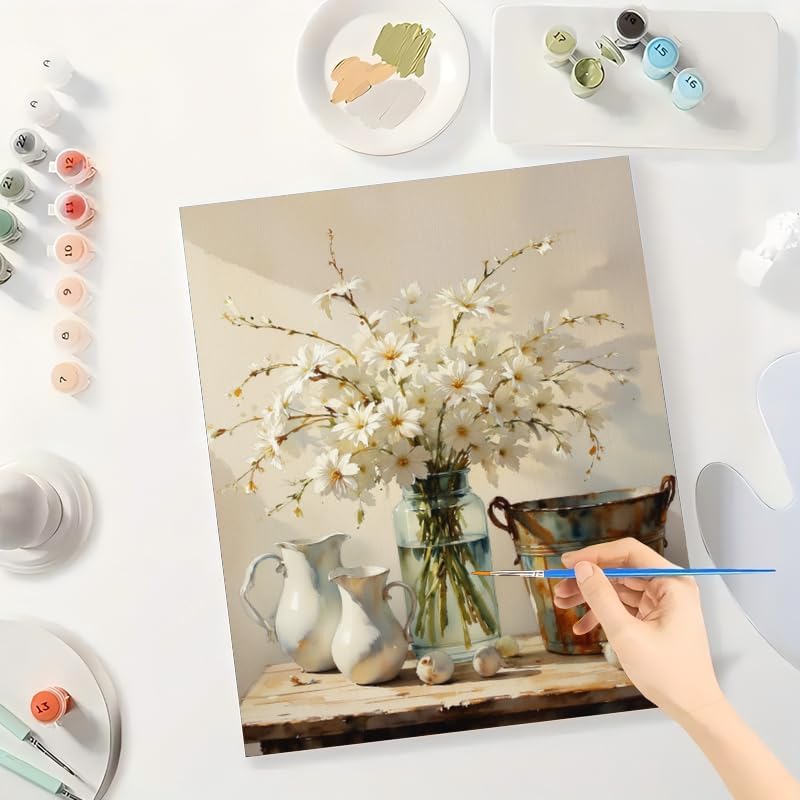 White Daisy Still Life Paint by Numbers Kit for Adults - DIY Rustic Flowers and Vintage Jug Painting on Canvas 8x12In, Framed Acrylic Paint Set, Suitable for Beginners, Floral Art for Home or Gifts