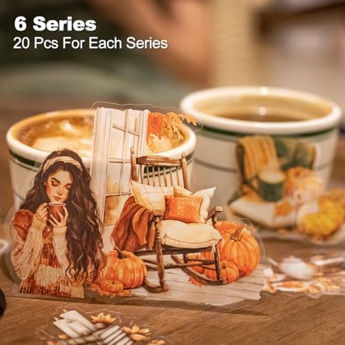 120 Pcs Coffee Themed PET Stickers Set, Vintage Aesthetic Stickers for Scrapbooking, Journaling, and DIY Crafts