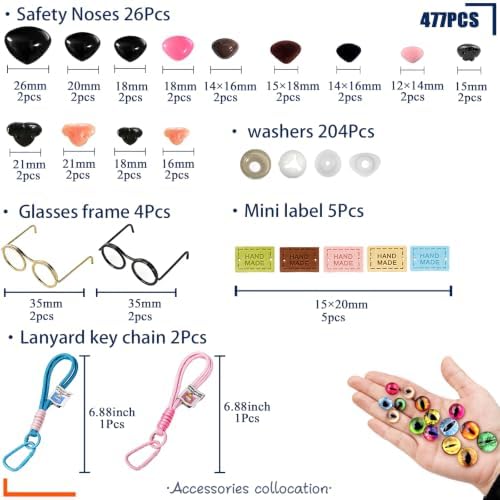 CSCHENGO 477Pcs10-35mm Glass Craft Safety Eyes 10-35mm 3D Shiny Round/Moon Eyes/Black Eyes with Noses/Glasses/Tags,for Adult DIY Crochet Handmade Craft Figurines Plush Crafts