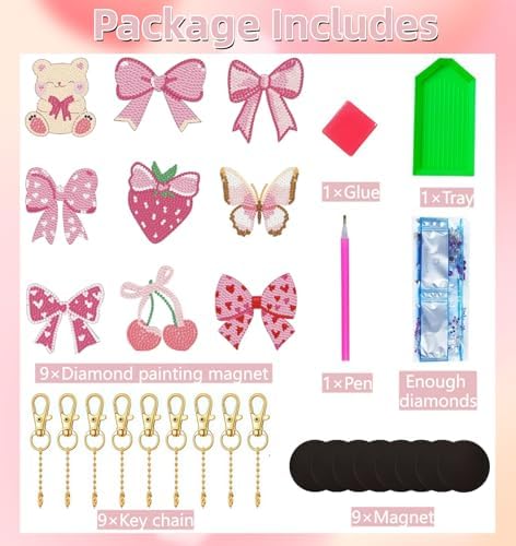 Bulerrylulu 9 Pcs Pink Diamond Painting Magnets Kits Bow Fridge Magnet Stickers Diamond Art Painting Keychains Gem Painting kit for Beginners Adults DIY Art Craft Gifts Home Decors