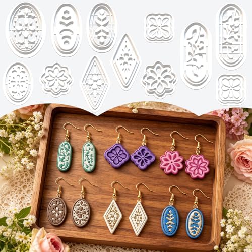 12 Pcs Floral & Geometric Polymer Clay Cutters Set - Flower, Oval & Diamond Shape Clay Cutters for Polymer Clay Jewelry Making, Earring & Craft Supplies