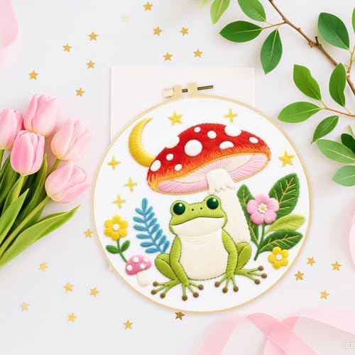 ORIGACH 4 Pack Animal Embroidery Kits Cat Frog Owl Fox Embroidery Sampler Kit Include Adjustable Hoops and Instruction Starter DIY Needlepoint for Adult Beginners