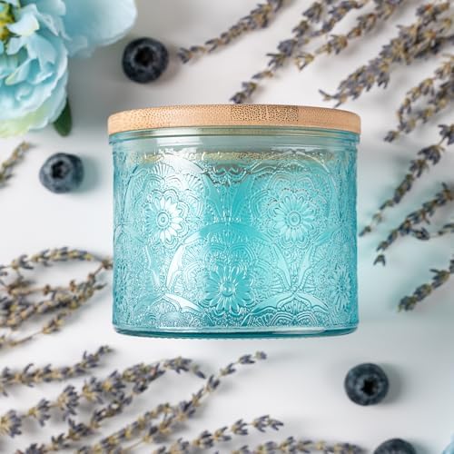 10 oz Blue Mandala Glass Candle Jars with Bamboo Lids, 9 Pack
