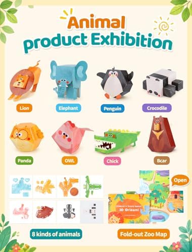 3D Origami Paper Kit for Kids, 8 Types of Animal Puzzle Paper Craft Kit