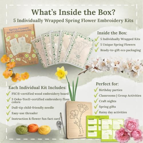Wooden Flower Lacing Embroidery Kits for Beginners, Set of 5 Learn-to-Stitch Craft Boards, Sewing & Embroidery Art Kits for Kids Ages 8+, DIY Craft Projects, Educational Gifts, Party Favors (Spring)