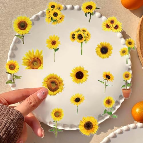 50pcs Sunflower Stickers for Laptop Water Bottles, Transparent PET Waterproof Aesthetic Sticker for Kids Birthday Party Scrapbook Phone (Yellow)