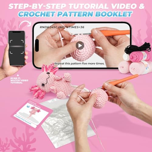 MOREJMTT Crochet Kit for Beginners, Learn to Crochet, Include Easy Knitting Soft Yarn, Step-by-Step Video Tutorial, Hook, Holiday Birthday Gift for Adults (Happy Axolotl)