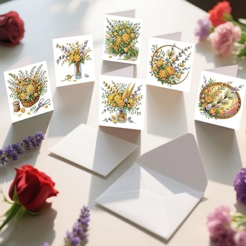 6pcs 5D DIY Diamond Painting Kit Greeting Card, Yellow Flower Diamond Handmade Greeting Card with Envelope, Holiday Gift Congratulations