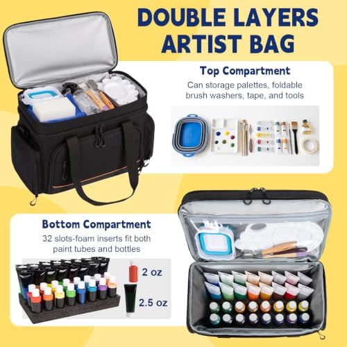 2 Layer Acrylic Paint Storage Bag for 32 Bottle(2 oz) Acrylic Paint