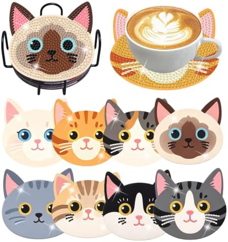 8 Pack Diamond Art Coasters Kits for Adults,Cat Diamond Painting Coasters