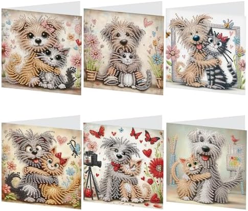 6 Pcs 5D Diamond Painting Greeting Cards Kits, Handmade Festival Greeting Cards with Envelopes DIY Diamond Art Crafts Birthday Cards Laser Effect for Birthdays Holidays Celebrations (Cat Dog Cuddling)