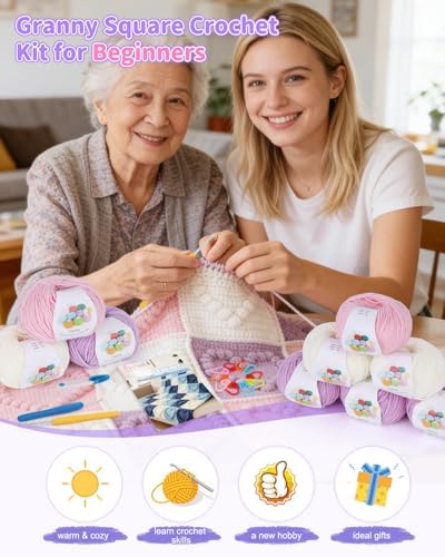 Coopay Crochet Kit for Beginners, 3D Heart Granny Square Blanket Kit, Set A