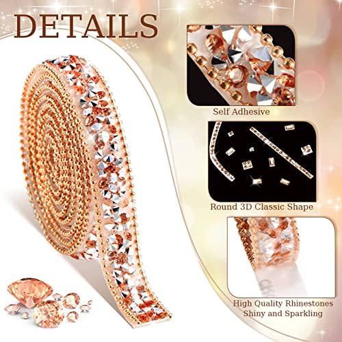 Xinnun 5 Rolls Rhinestone Ribbon,Champagne Gold,0.59 Inch,Mixed Style