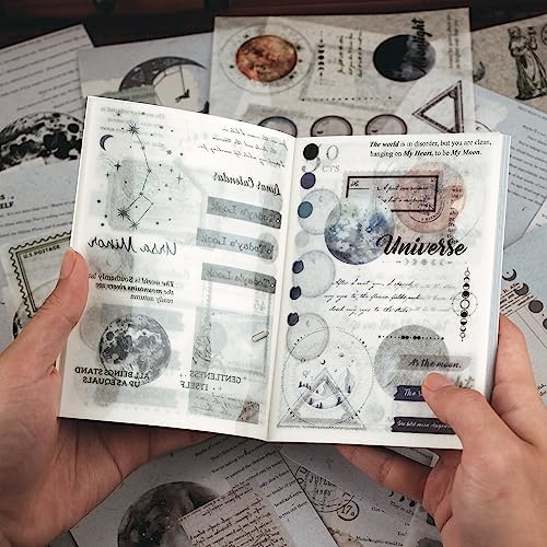 Dizdkizd Celestial Themed Washi Stickers for Journaling, Vintage Ephemera Sticker Book with 180pcs Planet Stickers and 20 Astronomy Scrapbook Papers for Junk Journals Paper Crafting