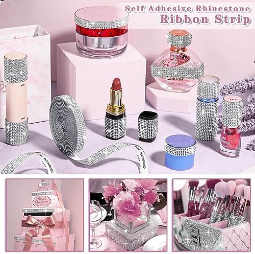 5 Yards Self Adhesive Rhinestone Ribbons, Sliver Rhinestone Strips, Diamond Crystal Rhinestone Ribbon Roll Stickers Glitter Bling Ribbons Rhinestones for Crafts Fabric Car Shoes Décor