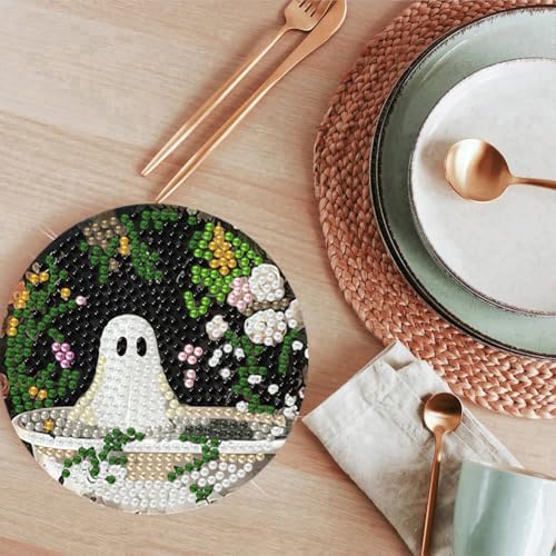 8 Pcs Halloween Diamond Art Coasters Kits for Adults (Cork Wooden Pad)