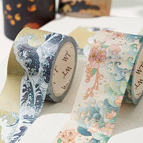 WT Waves of Rebun Washi Tape Set, 4 Rolls, Gold Foil, Decorative Masking Tape, Bujo Planner Supplies, DIY Crafts Tape, Adhesive Wrapping Tape, Paper Tape, Journaling Gifts
