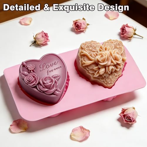 Silicone Heart Molds, 4 Types 3D Heart Shaped Soap Molds Love Chocolate Molds Silicone Molds for Soap Making Candy Cake Candle Wedding Valentine's Gift