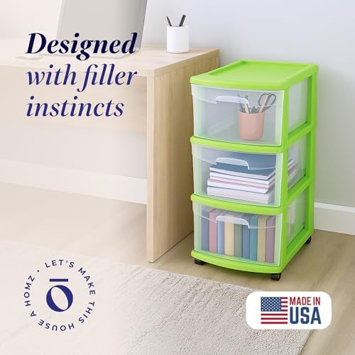 HOMZ Drawer Tower, 3-Tier Storage Cart with Removable Wheels, Bold Lime