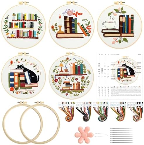 Kuabiz 5 Sets Embroidery Kits for Beginners Cross Stitch Kit for Adults Highland Book Pattern Embroidery Starter Kit Embroiderys Hoop Needlepoint Kits with Instruction Needles Threads