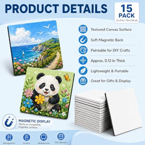 15 Pack 3 Inch Square Mini Magnetic Canvas Boards for Painting