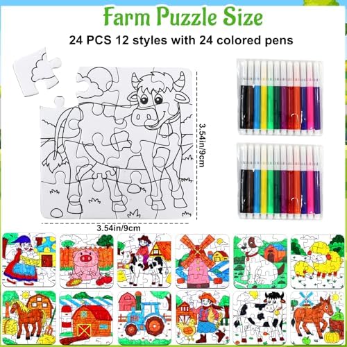 24 Sets Farm Animals Toddler Puzzles Ages 2-4 Bulk, Farm Party Favors Crafts DIY Paper Jigsaw Kit with Cow Dog Sheep, Fall Art Coloring Blank Puzzle for Classroom Gift Birthday Fun Games Toys Supplies