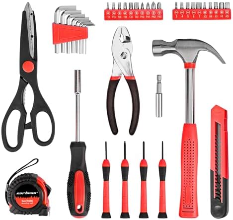 CARTMAN 39-Piece Household Tool Set, Red Hand Kit With Storage Case | Complete assortment for home repairs, DIY projects, furniture setup, crafting, and daily household fixes in toolbox.