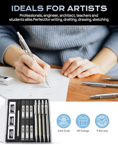 Nicpro 4 Pack Mechanical Pencil 0.5 mm with Case, MB1000 Metal Mechanical Pencil Set with 6 Tube HB #2 Lead Refill 0.5mm, 3PCS 4B Eraser, 9 Cap Eraser for Artist Drafting Writing, Sketching, Drawing