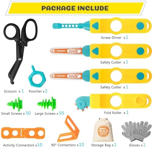 Cardboard Tools for Kids, 129 PCS Cardboard Construction Kit, Kids Building Set with Safe Serrated Cutter, Crease Roller, Screws & Nuts, Creative STEM Educational Toys Gift for Boys and Girls Age 5+